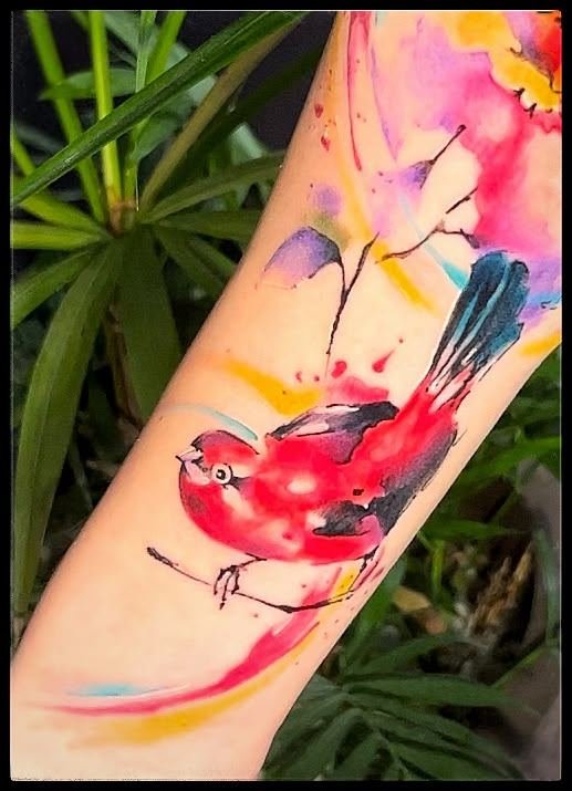 Pássaro vermelho em aquarela no antebraço, por Lelo Farias, Cariacica