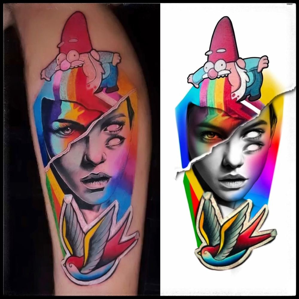 Desenho autoral de rosto feminino com gnomo e andorinha ao lado da tatuagem feita a partir dele, por Lelo Farias